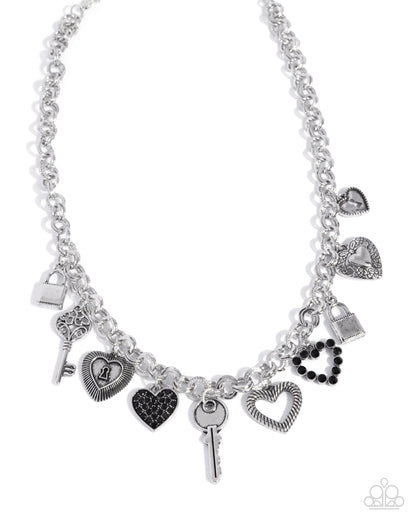 Intentional Influence - Complete Look - Black Rhinestone Silver Heart Charms - Paparazzi Accessories