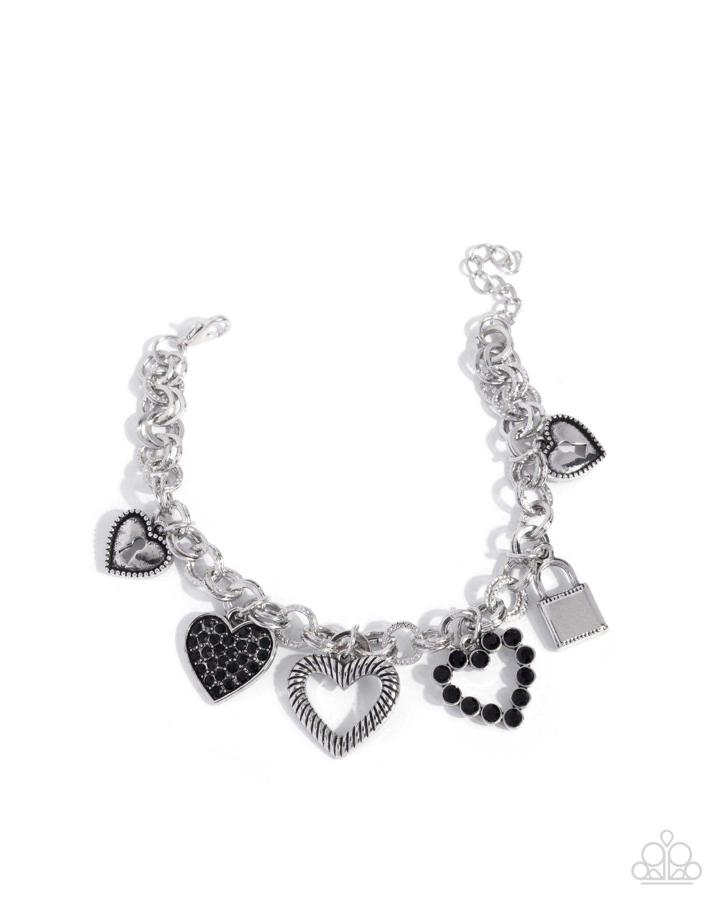 Intentional Influence - Complete Look - Black Rhinestone Silver Heart Charms - Paparazzi Accessories