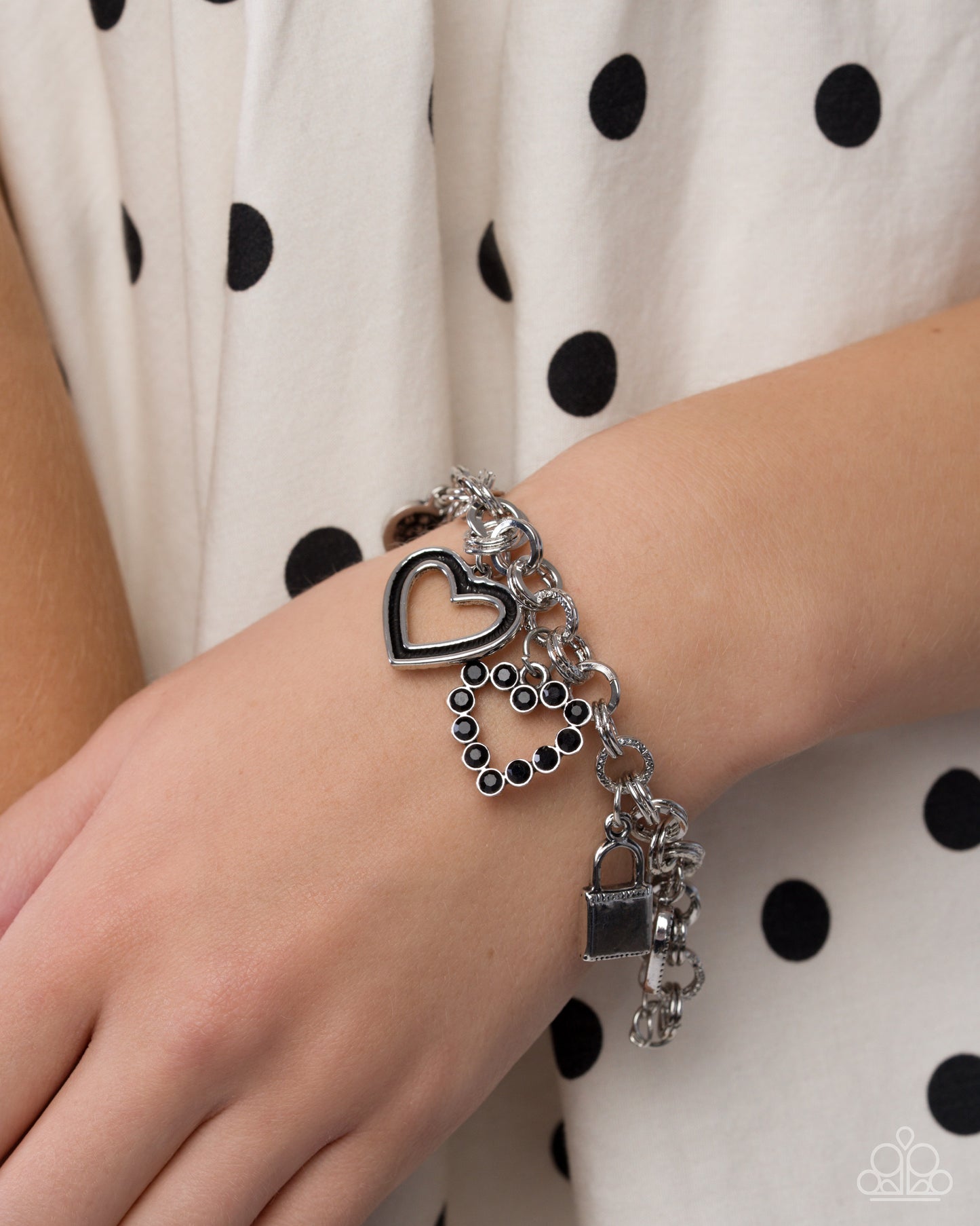 Intentional Influence - Complete Look - Black Rhinestone Silver Heart Charms - Paparazzi Accessories