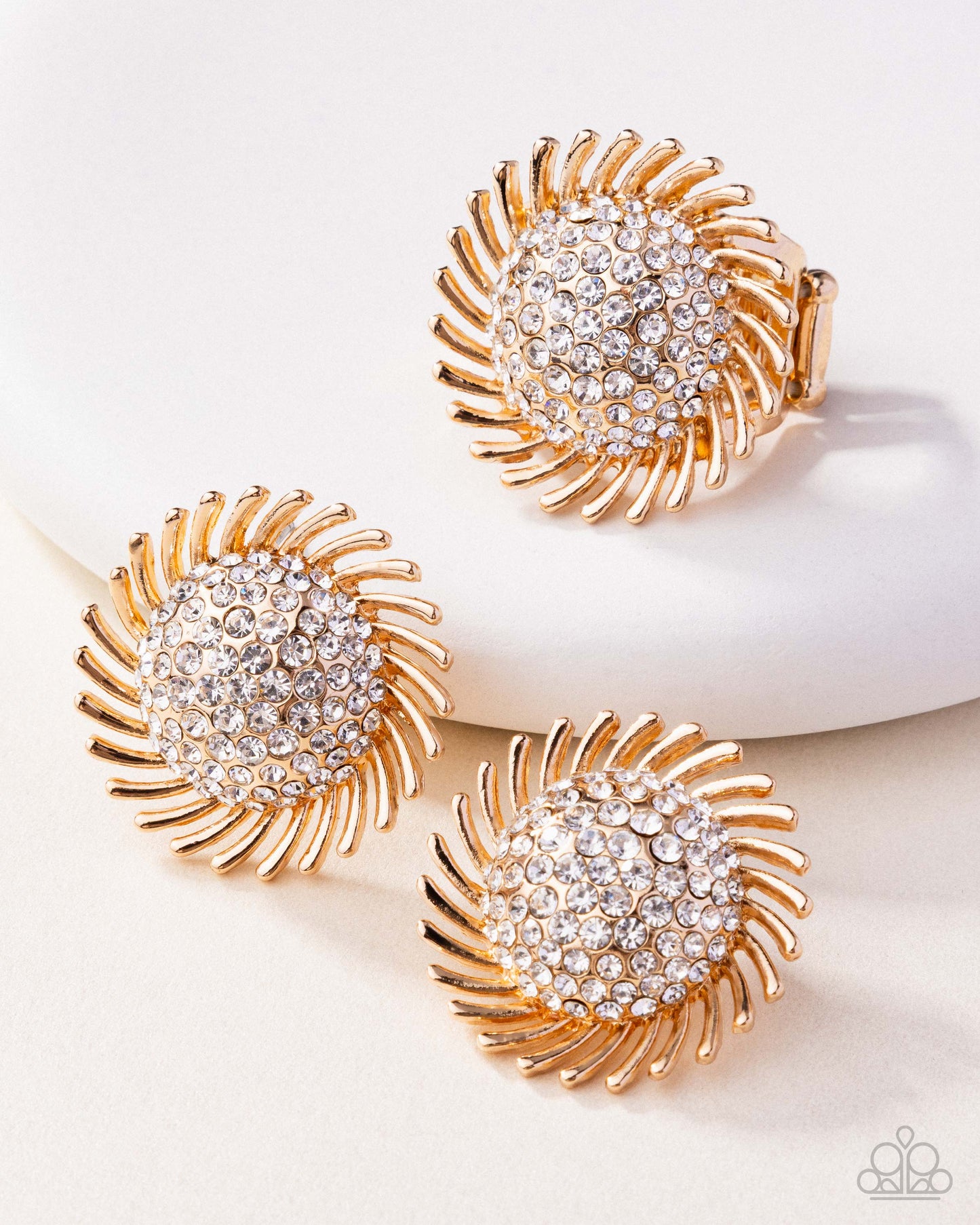 Strategic Show - Gold & White Rhinestone Earrings & Ring - Complete Look - Paparazzi Accessories