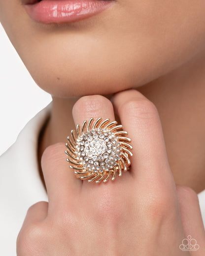 Strategic Show - Gold & White Rhinestone Earrings & Ring - Complete Look - Paparazzi Accessories