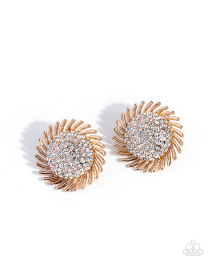 Strategic Show - Gold & White Rhinestone Earrings & Ring - Complete Look - Paparazzi Accessories