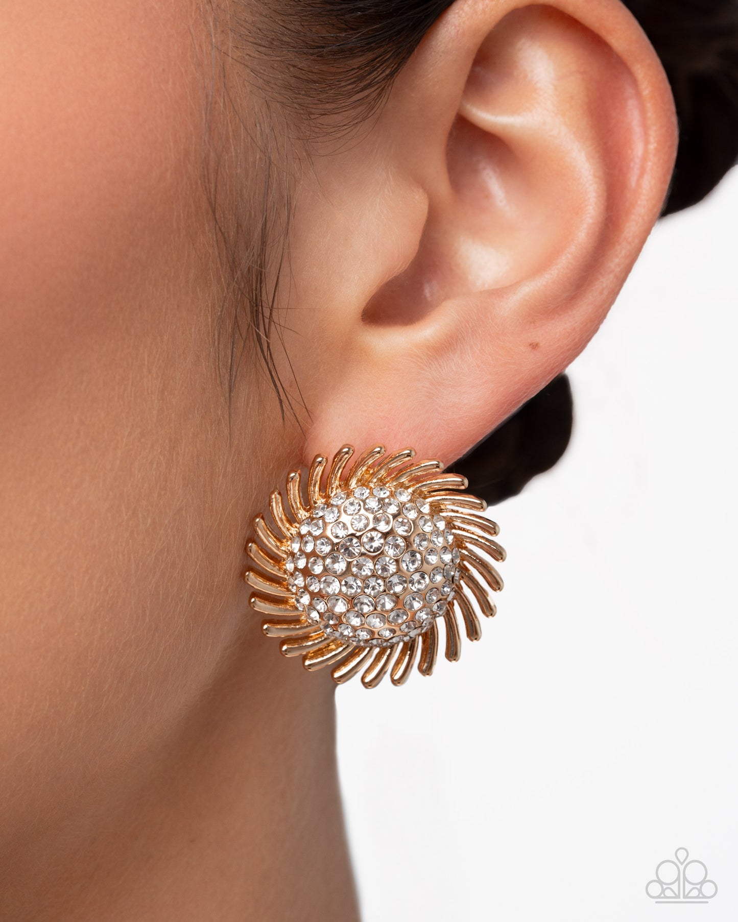 Strategic Show - Gold & White Rhinestone Earrings & Ring - Complete Look - Paparazzi Accessories