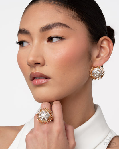 Strategic Show - Gold & White Rhinestone Earrings & Ring - Complete Look - Paparazzi Accessories