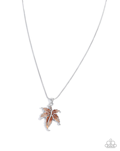 Leafy Lullaby - Brown & White Rhinestone Silver Maple Leaf Necklace - Paparazzi Accessories