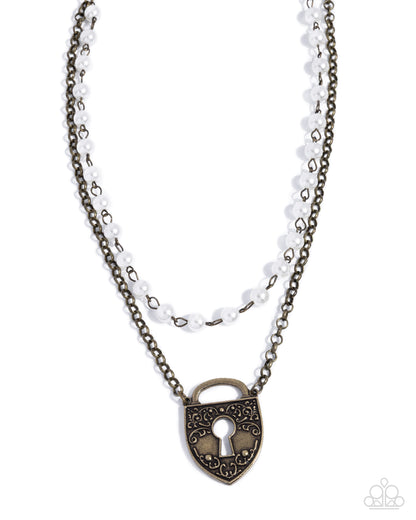 Leisurely Locked - Brass Padlock White Pearl Necklace - Paparazzi Accessories