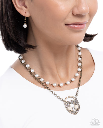 Leisurely Locked - Brass Padlock White Pearl Necklace - Paparazzi Accessories