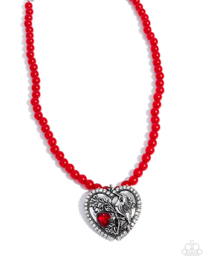 Heartfelt Hummingbird - Red Acrylic Bead, Silver Heart and Hummingbird Necklace - Paparazzi Accessories
