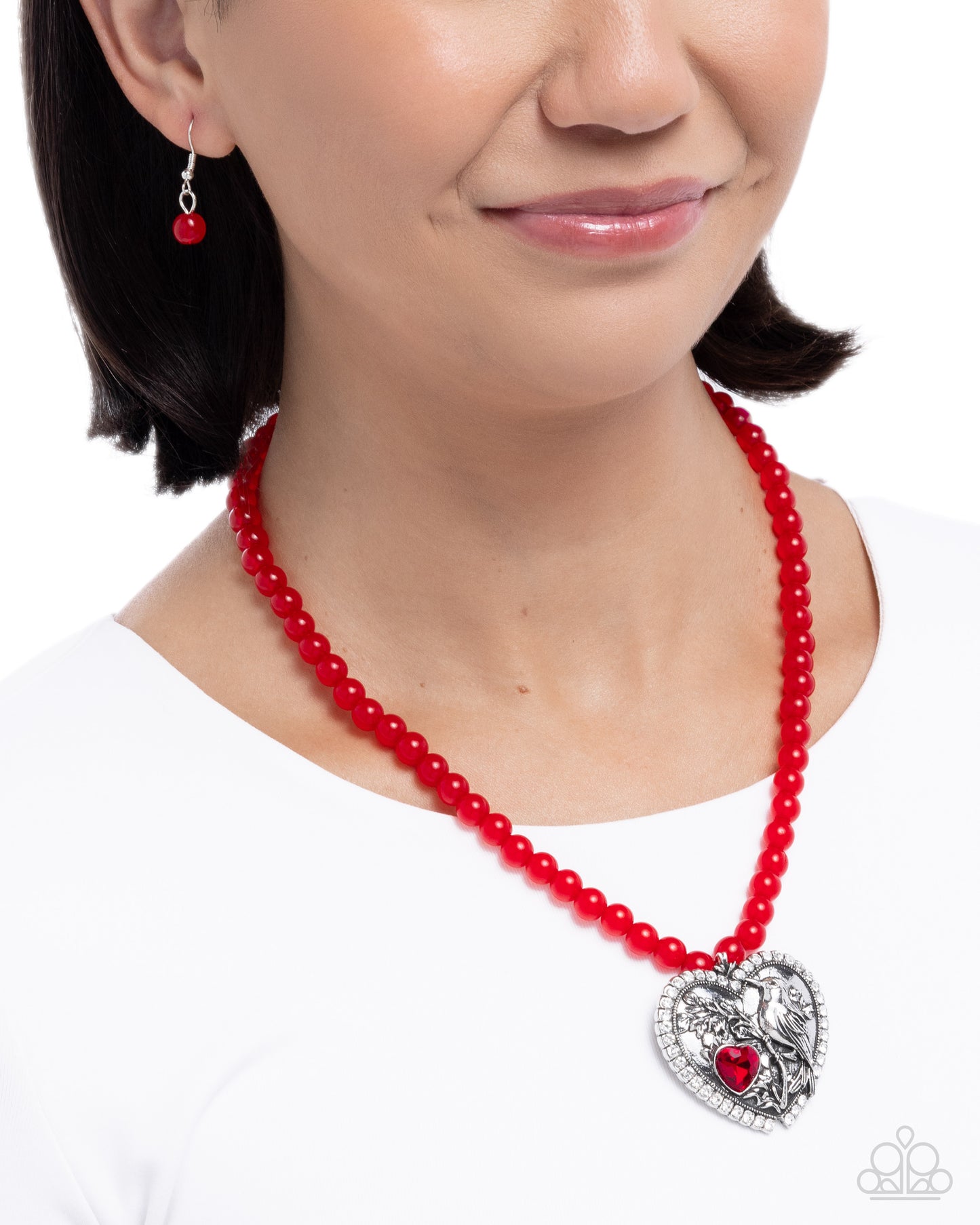 Heartfelt Hummingbird - Red Acrylic Bead, Silver Heart and Hummingbird Necklace - Paparazzi Accessories