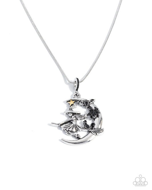 Halloween Homecoming - Black Witch, Spider, Bat, Cat, Silver Crescent Moon Pendant Necklace - Paparazzi Accessories