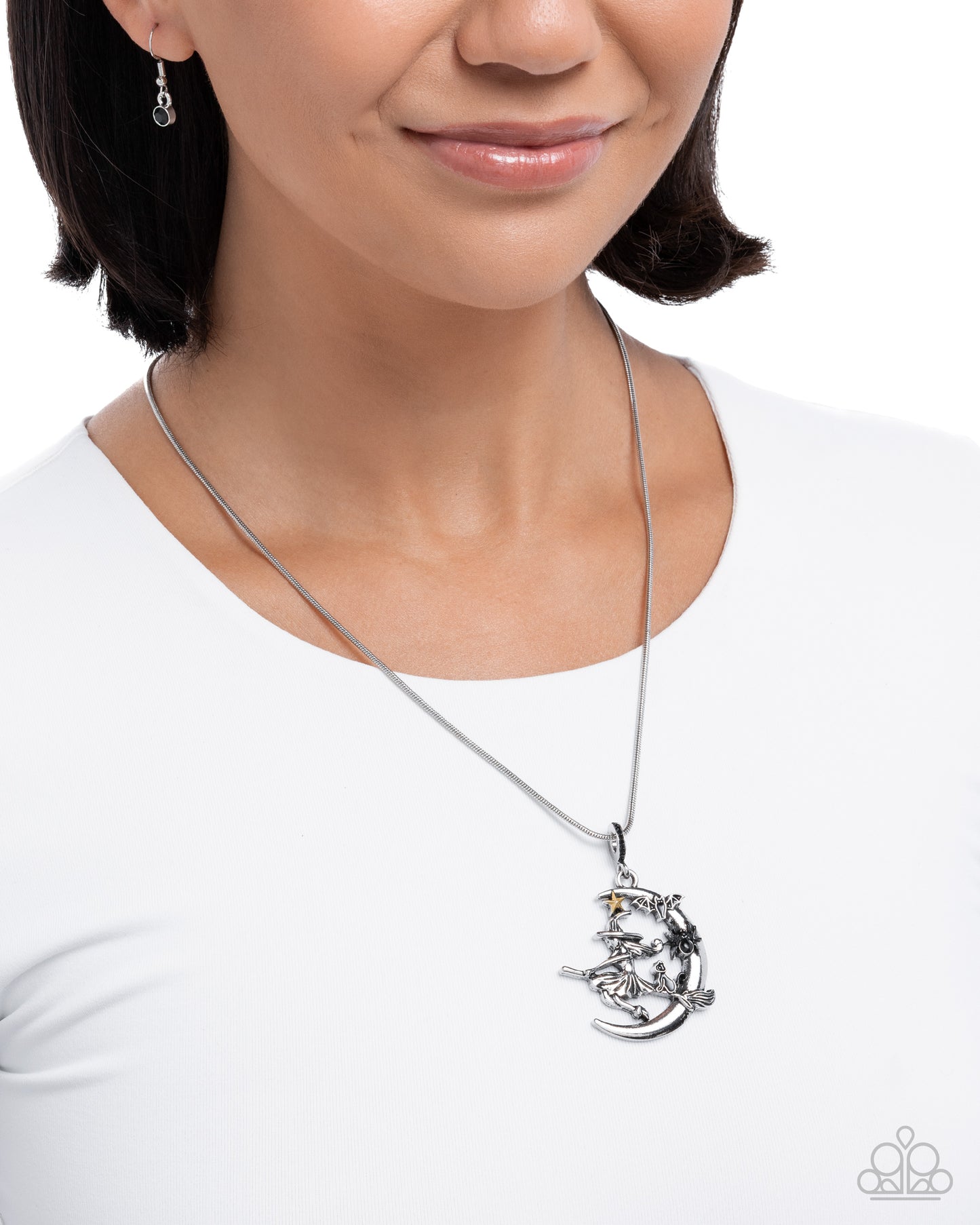 Halloween Homecoming - Black Witch, Spider, Bat, Cat, Silver Crescent Moon Pendant Necklace - Paparazzi Accessories