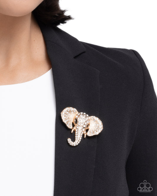 Elephant Empathy - Gold White Rhinestone Brooch - Paparazzi Accessories