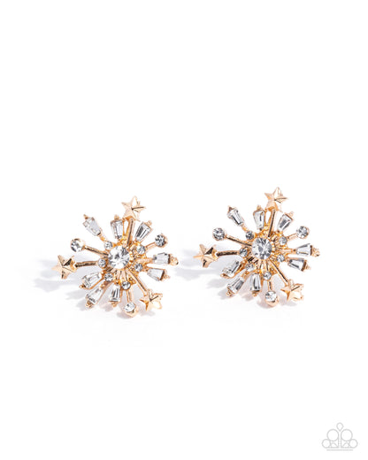 Firework Flair - Gold and White Rhinestone Post Back Earrings - Paparazzi Accessories