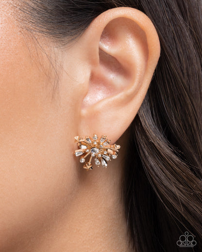 Firework Flair - Gold and White Rhinestone Post Back Earrings - Paparazzi Accessories