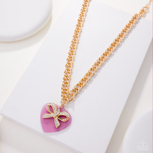 Coquette Cameo - Pink Heart, Gold Bow, White Rhinestone Necklace - Paparazzi Accessories