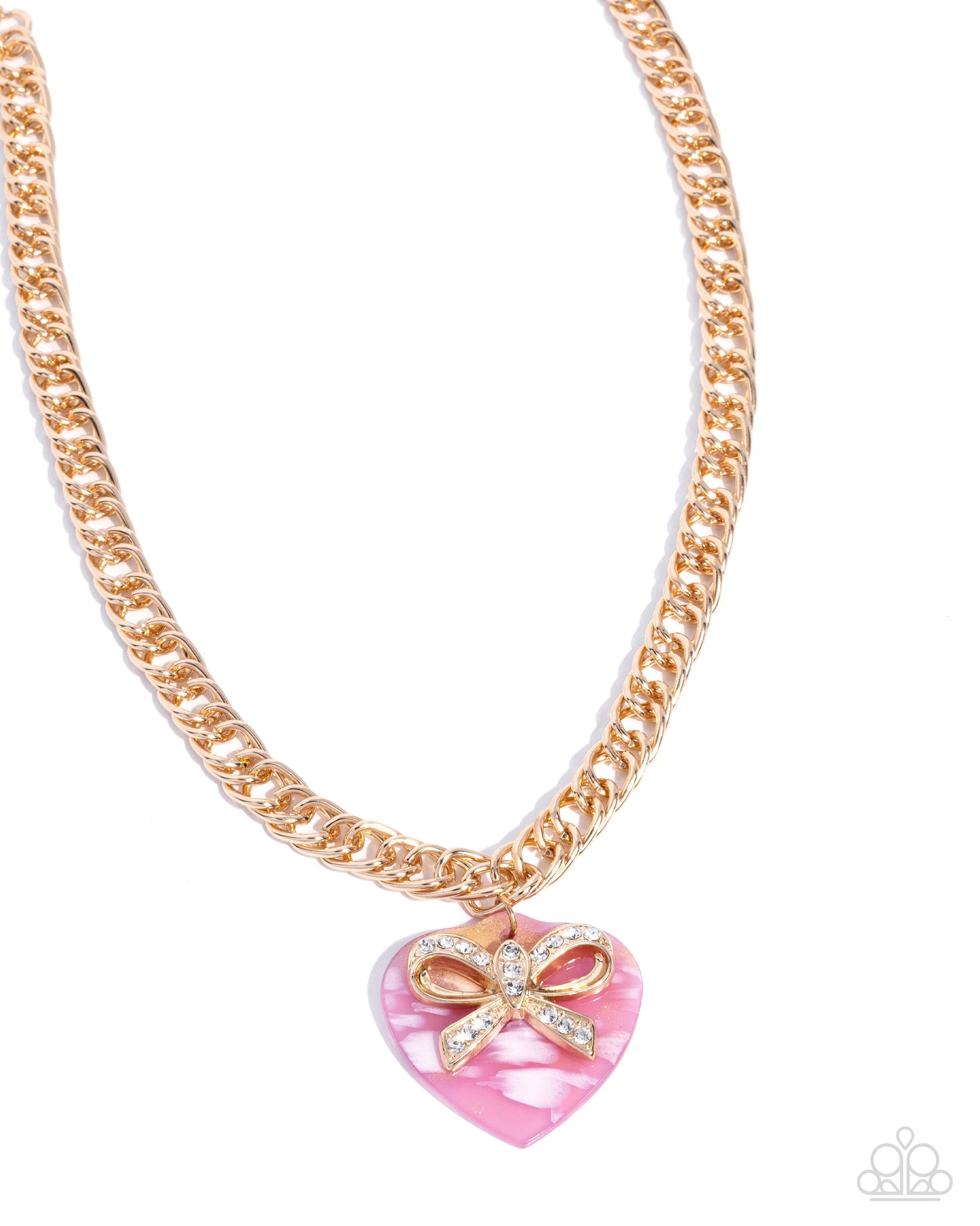 Coquette Cameo - Pink Heart, Gold Bow, White Rhinestone Necklace - Paparazzi Accessories