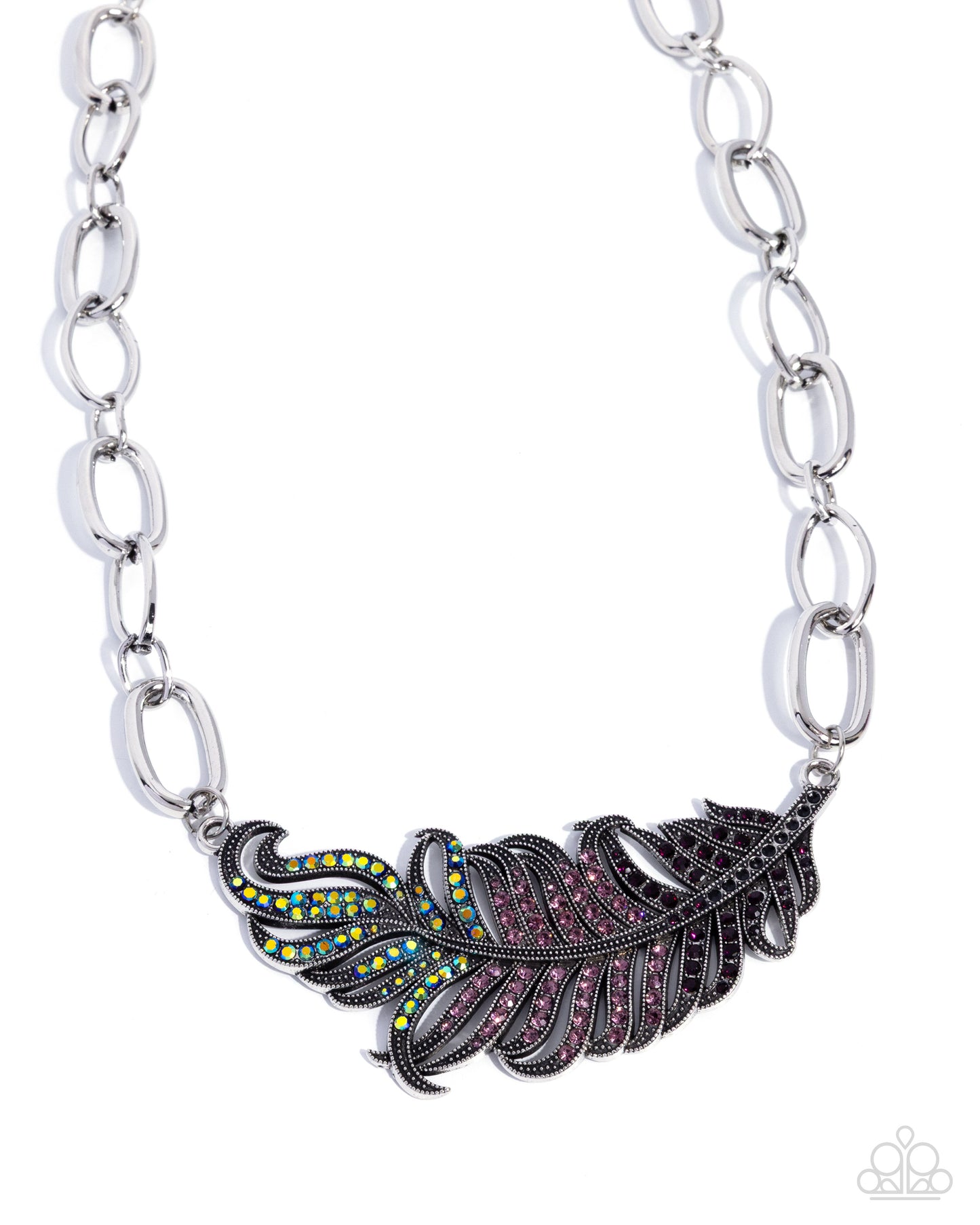 Popping Peacock - Purple Iridescent Rhinestone Feather Silver Necklace - Paparazzi Accessories