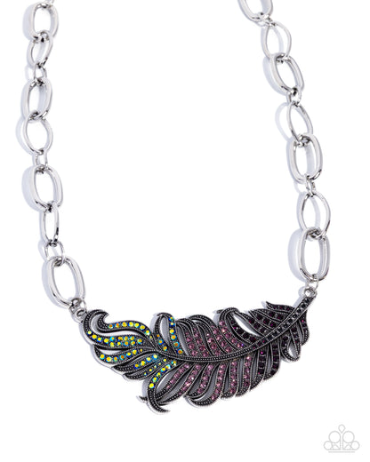 Popping Peacock - Purple Iridescent Rhinestone Feather Silver Necklace - Paparazzi Accessories