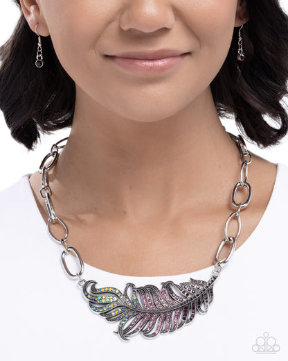Popping Peacock - Purple Iridescent Rhinestone Feather Silver Necklace - Paparazzi Accessories