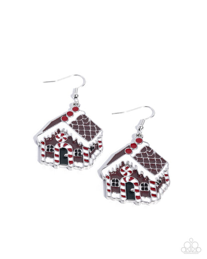 Gingerbread Competition - Multi Enamel Gingerbread House Silver Fishhook Earrings - Paparazzi Accessories
