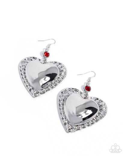 Smitten Sheen - Red Rhinestone, Silver Heart Fishhook back Earrings - Paparazzi Accessories