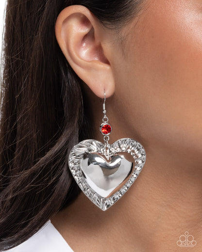 Smitten Sheen - Red Rhinestone, Silver Heart Fishhook back Earrings - Paparazzi Accessories