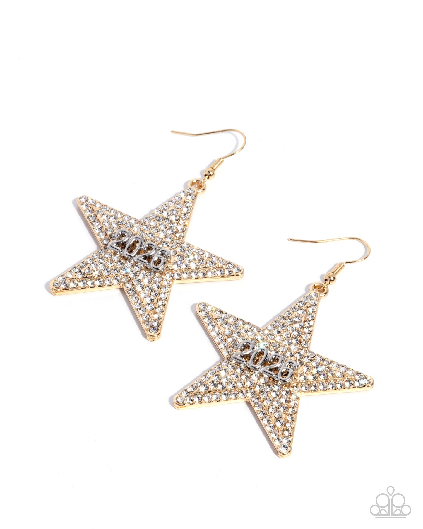 Celebratory Character - Gold Star White Rhinestone Silver "2026" Fishhook Earrings - Paparazzi Accessories