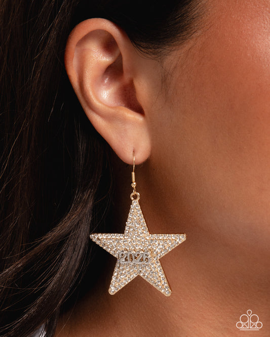 Celebratory Character - Gold Star White Rhinestone Silver "2026" Fishhook Earrings - Paparazzi Accessories