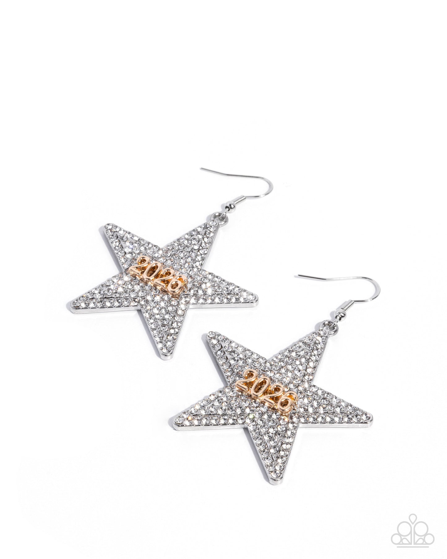 Celebratory Character - White Rhinestone Gold "2026" Silver Star Fishhook Earrings - Paparazzi Accessories