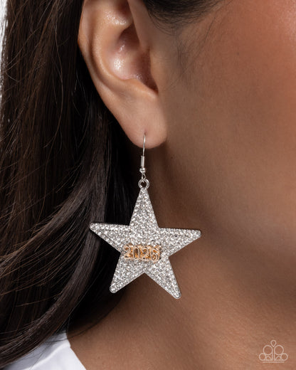 Celebratory Character - White Rhinestone Gold "2026" Silver Star Fishhook Earrings - Paparazzi Accessories