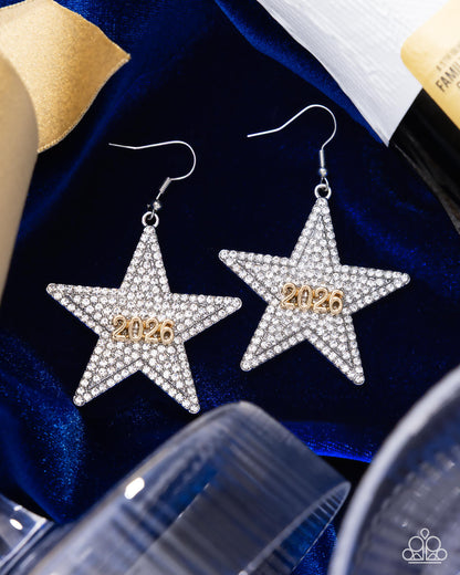 Celebratory Character - White Rhinestone Gold "2026" Silver Star Fishhook Earrings - Paparazzi Accessories
