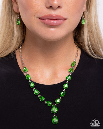 Gratifying Gems - Green Rhinestone Silver Necklace - Paparazzi Accessories