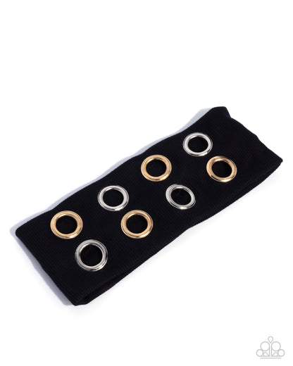 Glitzy Grommets - Silver and Gold Grommet, Black Fabric Headband - Paparazzi Accessories