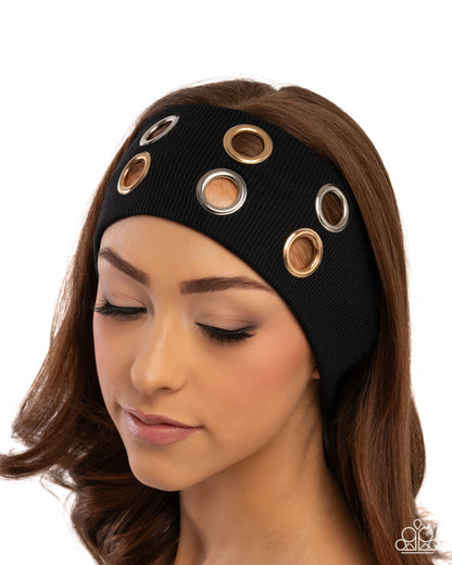 Glitzy Grommets - Silver and Gold Grommet, Black Fabric Headband - Paparazzi Accessories
