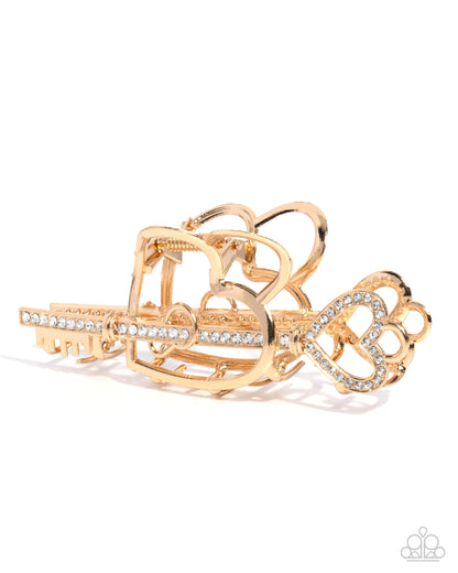 Lasting Lounge - Gold Heart and Key Claw Clip - Paparazzi Accessories