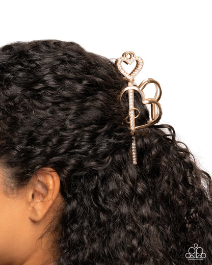 Lasting Lounge - Gold Heart and Key Claw Clip - Paparazzi Accessories