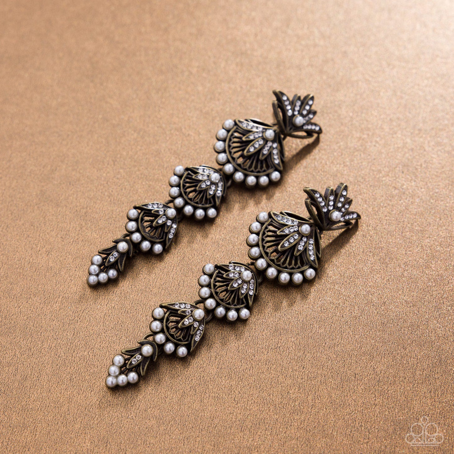Ornate Optimism - Brass, Pearl and Rhinestone Shell Earrings - Paparazzi Accessories