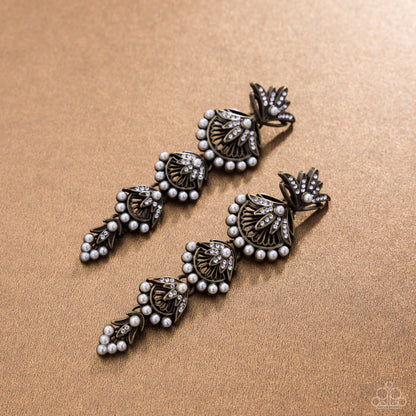 Ornate Optimism - Brass, Pearl and Rhinestone Shell Earrings - Paparazzi Accessories
