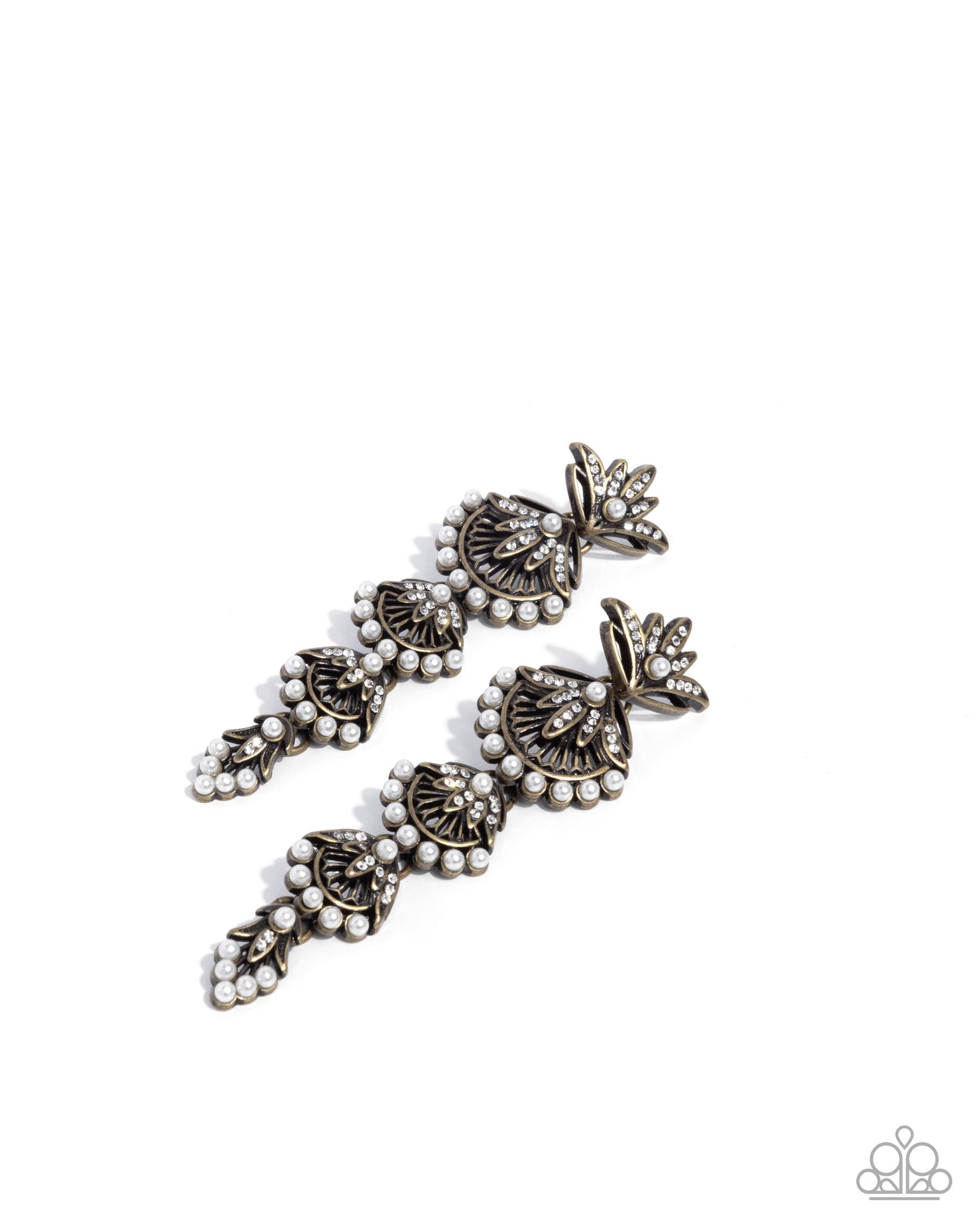 Ornate Optimism - Brass, Pearl and Rhinestone Shell Earrings - Paparazzi Accessories