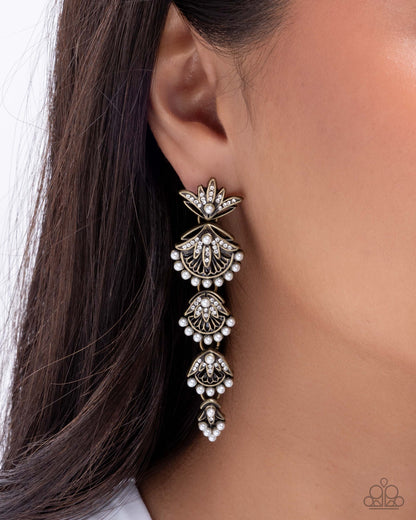 Ornate Optimism - Brass, Pearl and Rhinestone Shell Earrings - Paparazzi Accessories