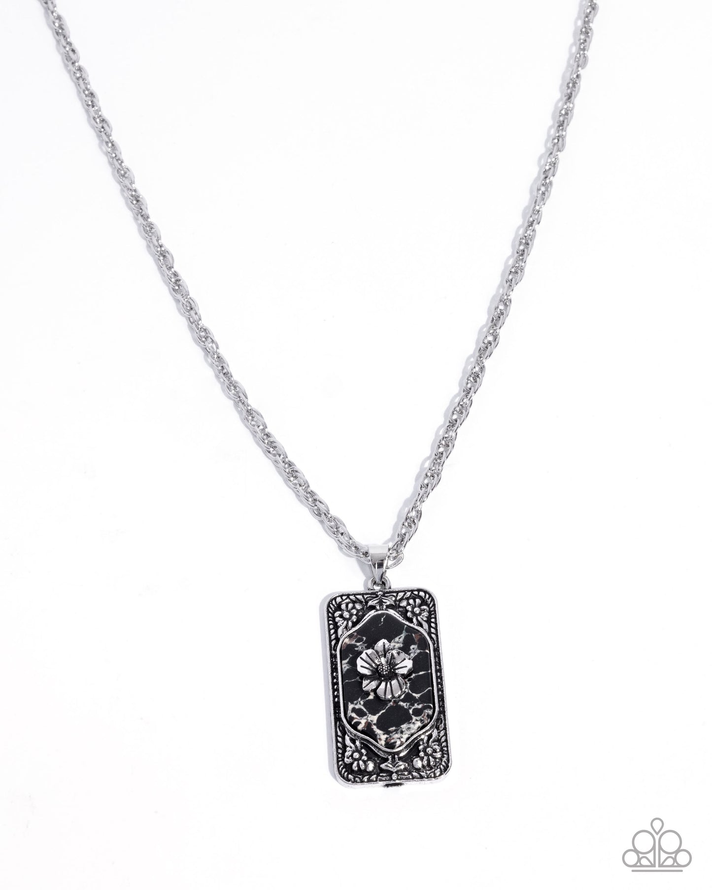Antiqued Advance - Black Marble Stone, Silver Flower Necklace - Paparazzi Accessories