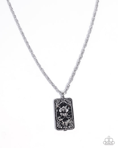 Antiqued Advance - Black Marble Stone, Silver Flower Necklace - Paparazzi Accessories