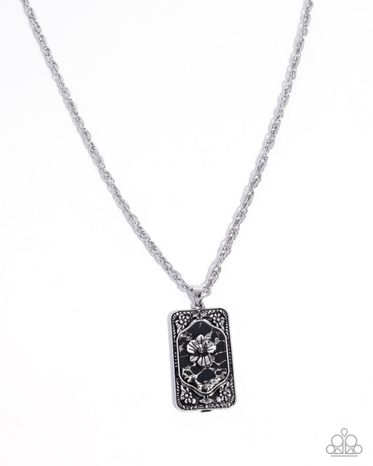 Antiqued Advance - Black Marble Stone, Silver Flower Necklace - Paparazzi Accessories