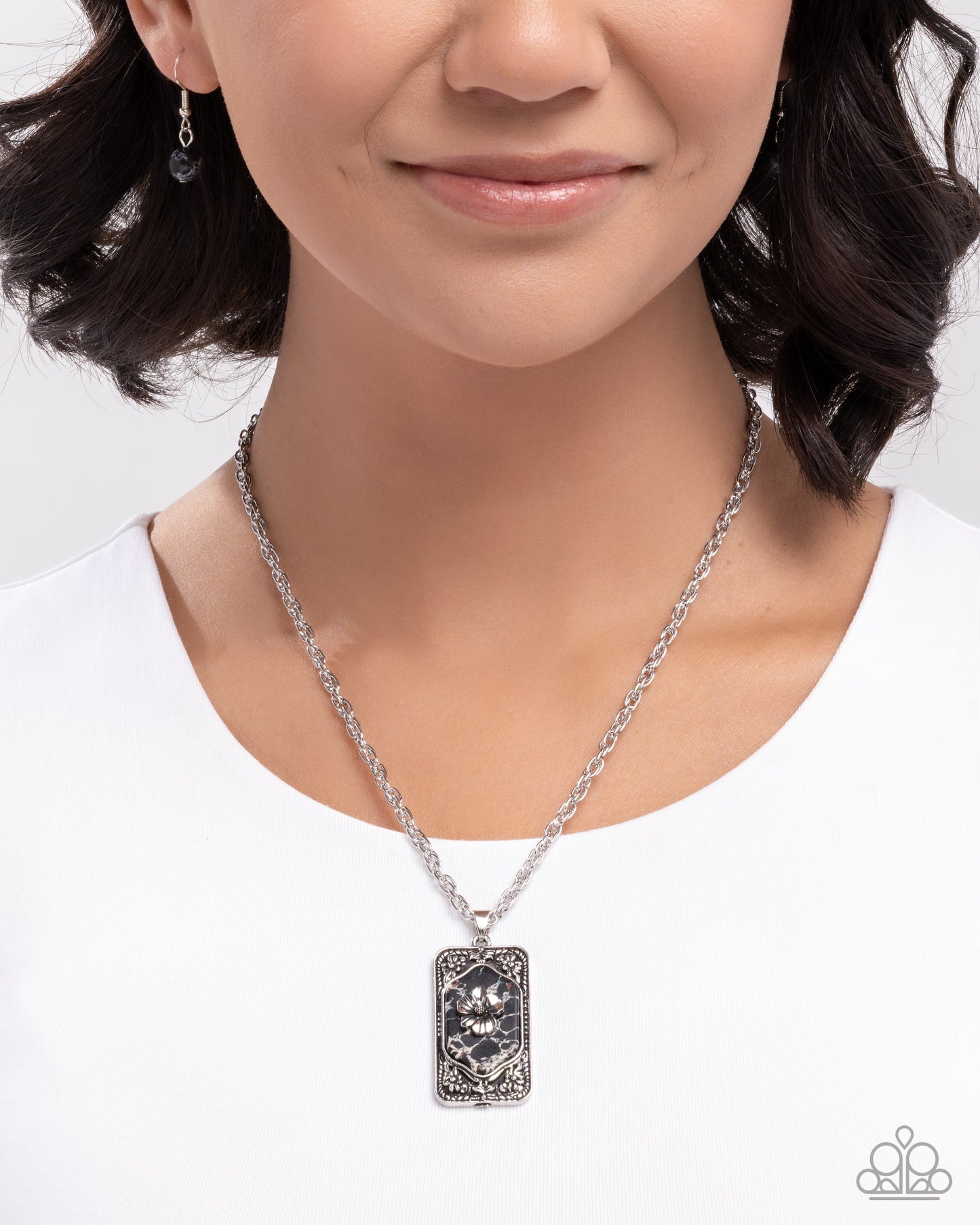 Antiqued Advance - Black Marble Stone, Silver Flower Necklace - Paparazzi Accessories