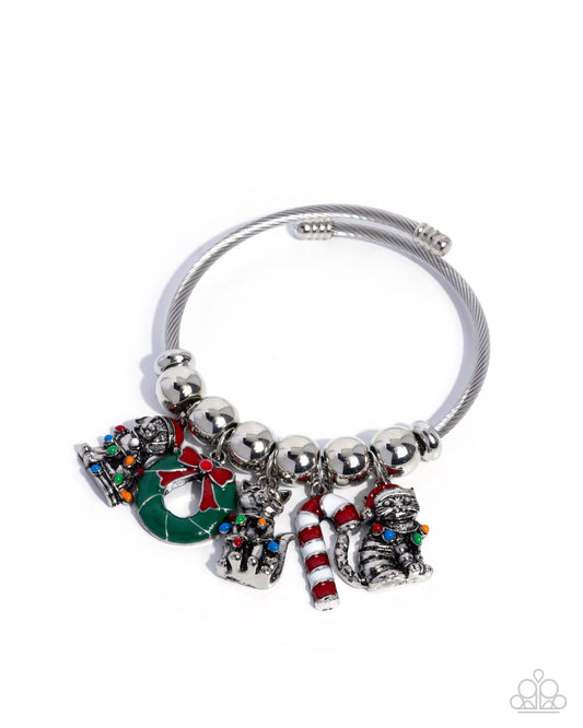 Christmas Creatures - Multi Cat, Dog, Wreath and Candy Cane Charm Bracelet - Paparazzi Accessories