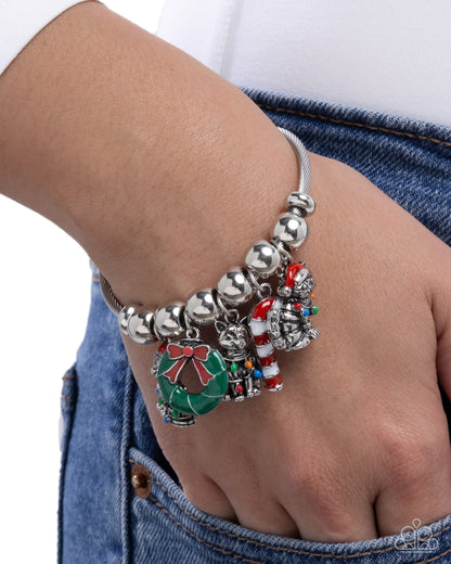 Christmas Creatures - Multi Cat, Dog, Wreath and Candy Cane Charm Bracelet - Paparazzi Accessories