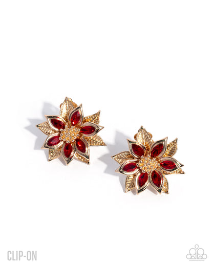 Perceptive Poinsettia - Red Gem Gold Clip-on Earrings - Paparazzi Accessories