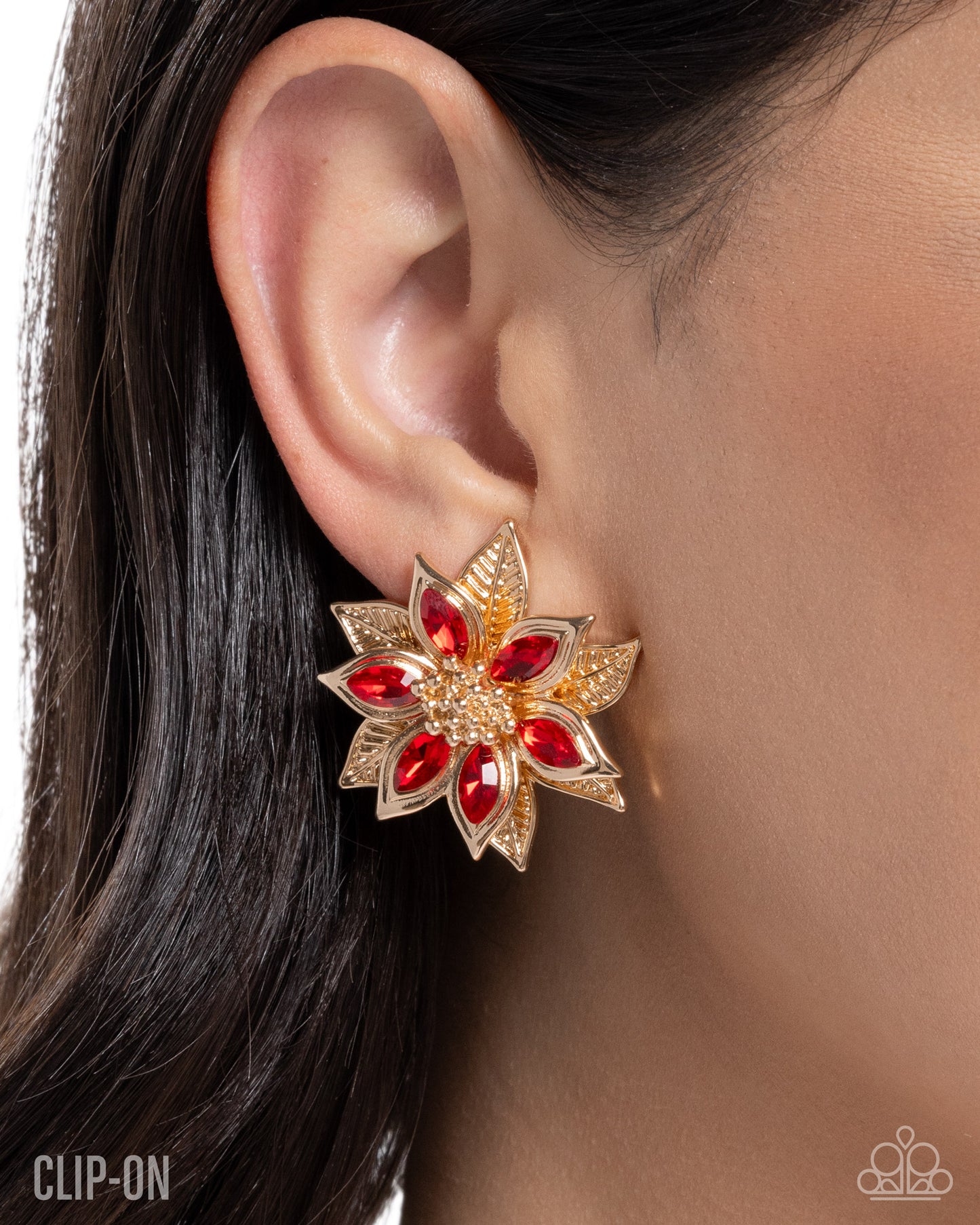 Perceptive Poinsettia - Red Gem Gold Clip-on Earrings - Paparazzi Accessories