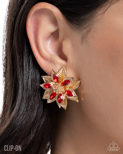 Perceptive Poinsettia - Red Gem Gold Clip-on Earrings - Paparazzi Accessories