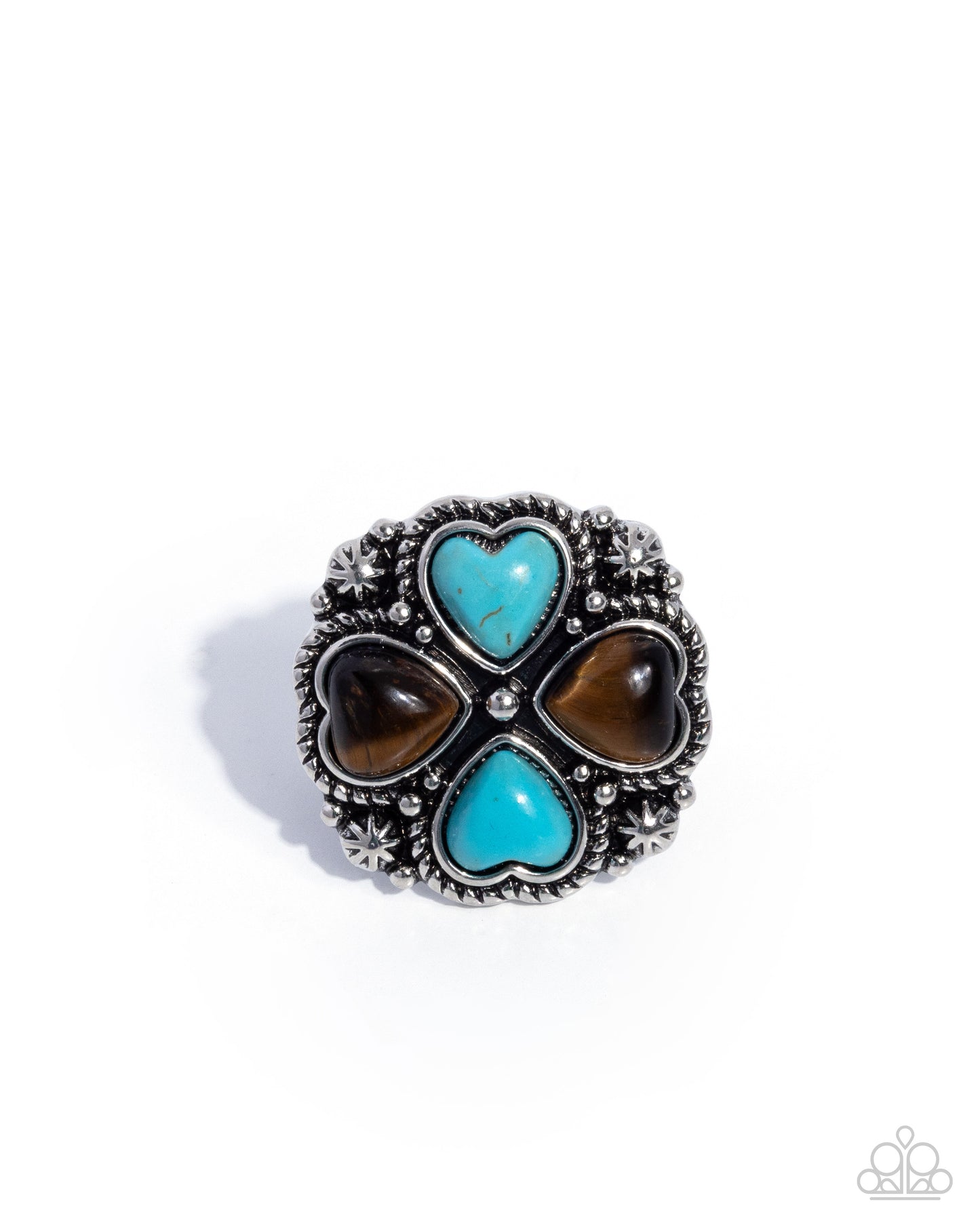 Sincere Stones - Brown Tiger's Eye Blue Crackle Stone Hearts Silver Ring - Paparazzi Accessories